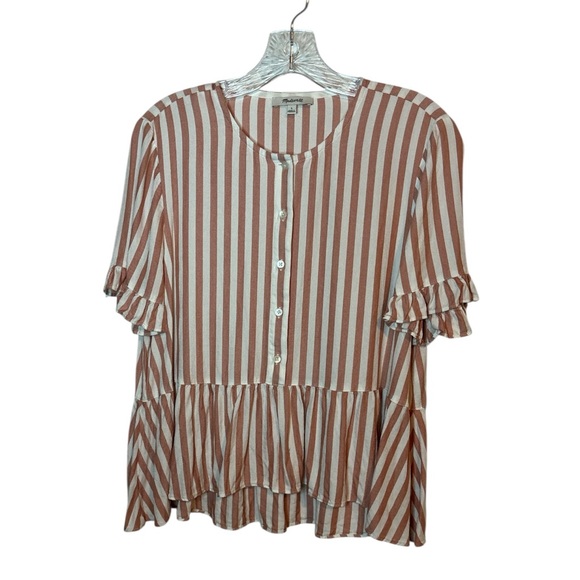 Madewell Studio Ruffle Hem Top Cecelia Stripe White/Red Sz L Like New - Picture 5 of 8